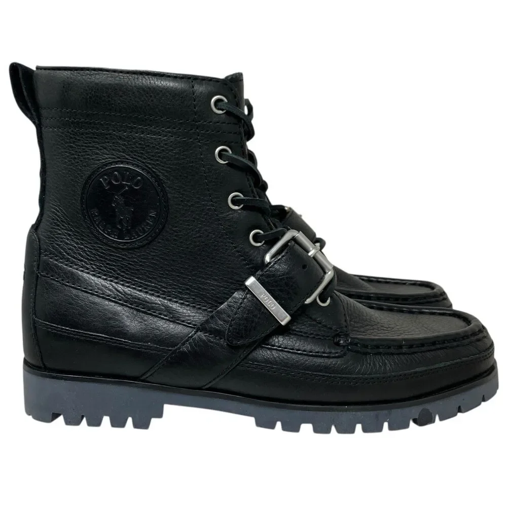 Polo Ralph Lauren Boots Mens 7 Black‎ Leather Ranger Lug Sole Rugged Buckle